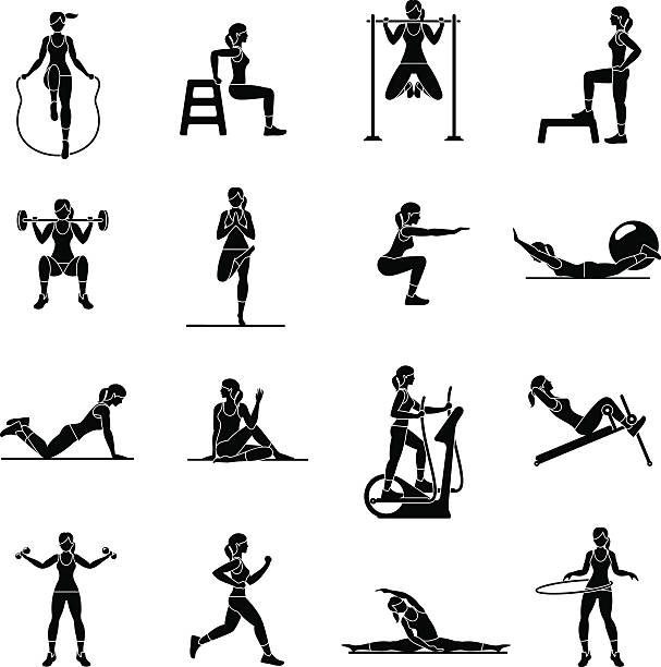 bildbanksillustrationer, clip art samt tecknat material och ikoner med aerobic icons. 4x4. black - runner holding legs