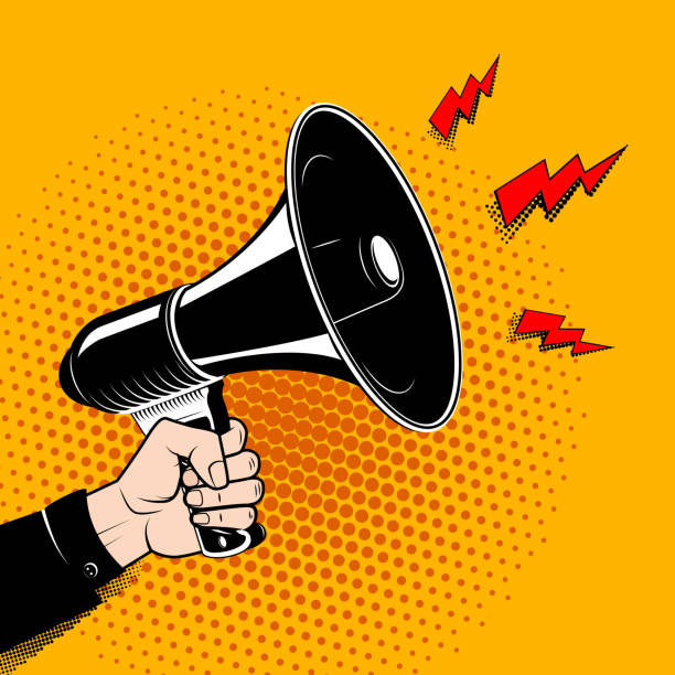 Hand with megaphone in pop art style. Comic style bullhorn. Hand with megaphone in pop art style. Comic style bullhorn. Design element in vector. animal call stock illustrations