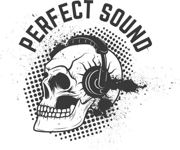 Vector illustration of Perfect sound. Skull with headphones on grunge background.