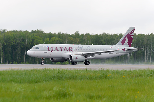 \nMoscow, Russia - May 19, 2016: Qatar airlines Airbus A320 take off to the runway at Domodedovo International airport.