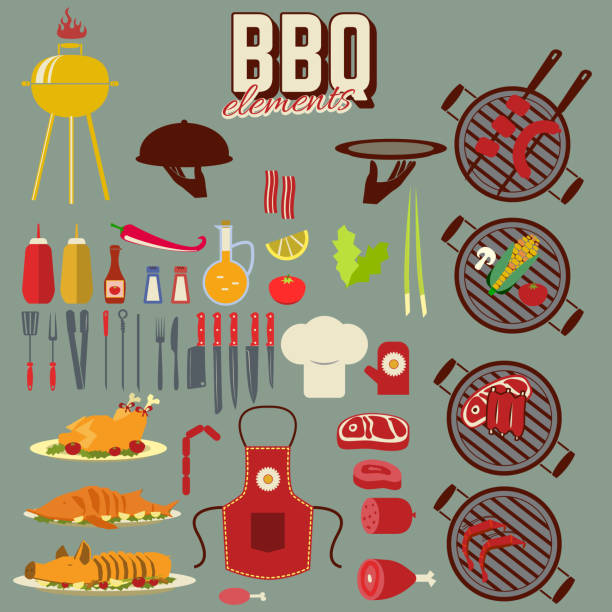 zestaw przygotowania obiektów. bbq grill gotowanie elementów. - pig roasted barbecue grill barbecue stock illustrations
