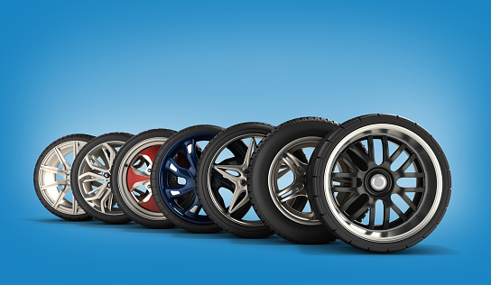 wheels with tires car standing in a row 3d illustrations