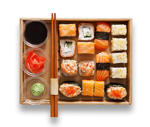 istock Set of sushi maki and rolls at box isolated 533069598