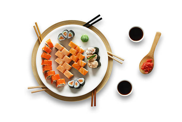 conjunto de sushi de unagui e pães isolada no branco - black dishware sushi isolated - fotografias e filmes do acervo