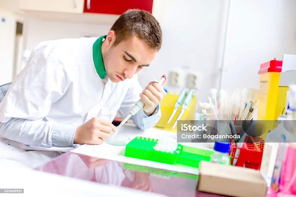 young handsome scientist and chemist examining samples and chemical elements young handsome scientist and chemist examining samples and chemical elements for diseases in special laboratory Nuclear Weapon Stock Photo