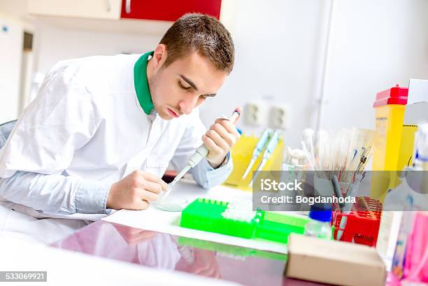 Young Handsome Scientist And Chemist Examining Samples And Chemical Elements Stock Photo - Download Image Now