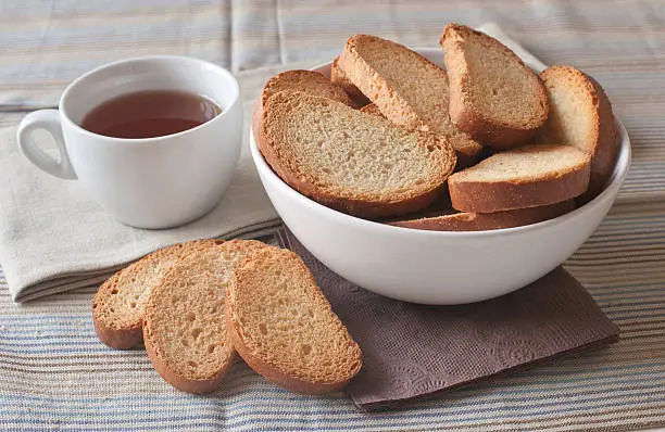 Dish of rusks with cup of black tea on the table. Composition