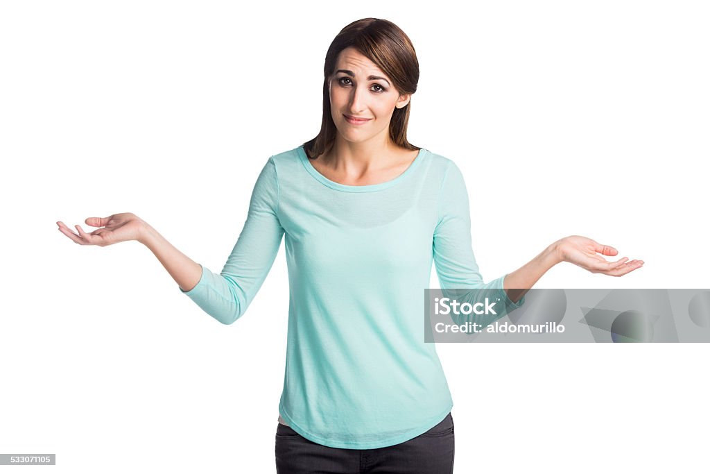 Young woman shrugging Portrait of a young woman shrugging isolated over white background 2015 Stock Photo