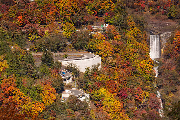 estrada sinuosa e as cores do outono perto de nikko, japão - nikko national park - fotografias e filmes do acervo
