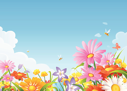 A meadow full of beautiful flowers, bees and butterflies in spring or summer, and a blue sky in the background with space for text. EPS 8, fully editable, grouped and labeled in layers.