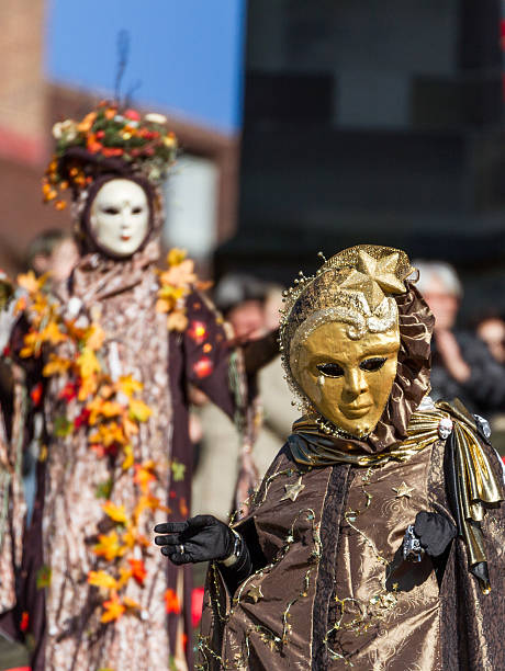 Venice, Italy - February 10, 2024: A tourist wearing a costume at the first day of Venice's Carnival while walking around San Marco square in a cloudy raining day.