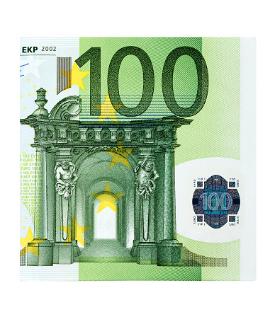 Macro of One Hundred Euro Banknote on white background.