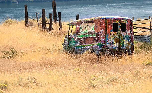 Abandoned Rusted Out Van On Columbia River Banks