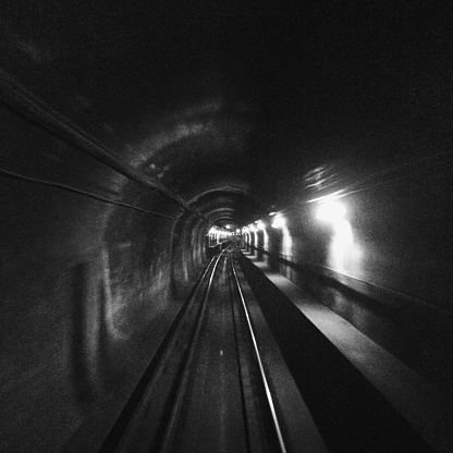 Black and white picture of one of Chicago's subway tunnel