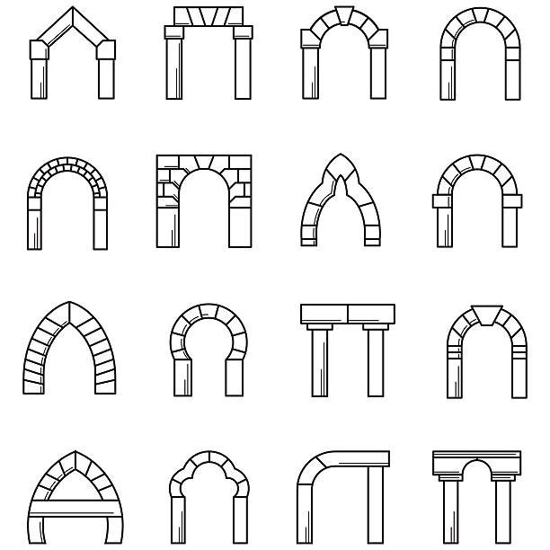 Black line icons vector collection of arches Set of black line vector icons for different styles brick arches on white background. revival stock illustrations