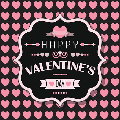 Happy Valentine's Day - Flat vintage emblem on pink heart seamless pattern background