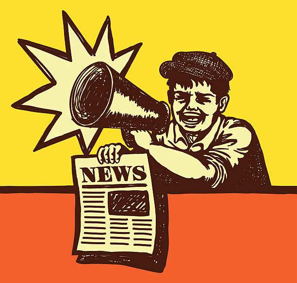 Retro vintage paperboy shouting with megaphone selling newspaper Latest news! Retro Vintage Paper boy shouting with megaphone selling newspaper vendor, Extra! Special edition! newspaper seller stock illustrations