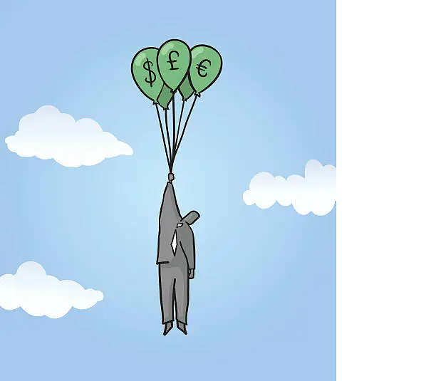 Vector illustration of Man floating up with Balloons of Money