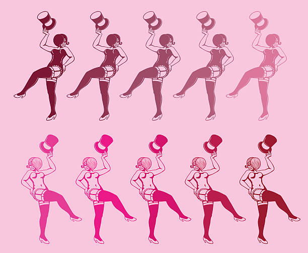 Burlesque dancers silhouette, sexy girls corset stockings lined-up rising legs Burlesque dancers silhouette, sexy and glamorous pin-up girls in corset and stockings lined-up rising legs in can can dance vintage of burlesque dancers stock illustrations