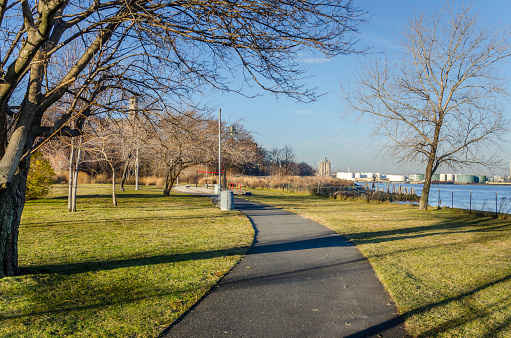 Footpath alongside the north shore of Staten Island, New York, on a winter morning