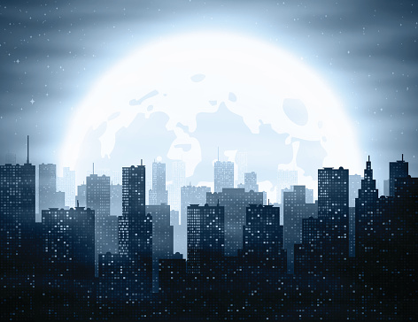 Vector illustration of night city with the moon.