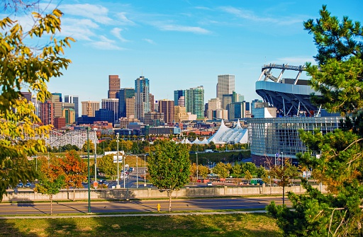 Denver Cityscape Colorado. Downtown Denver Skyline and the Mile High Stadium. Colorado, United States.