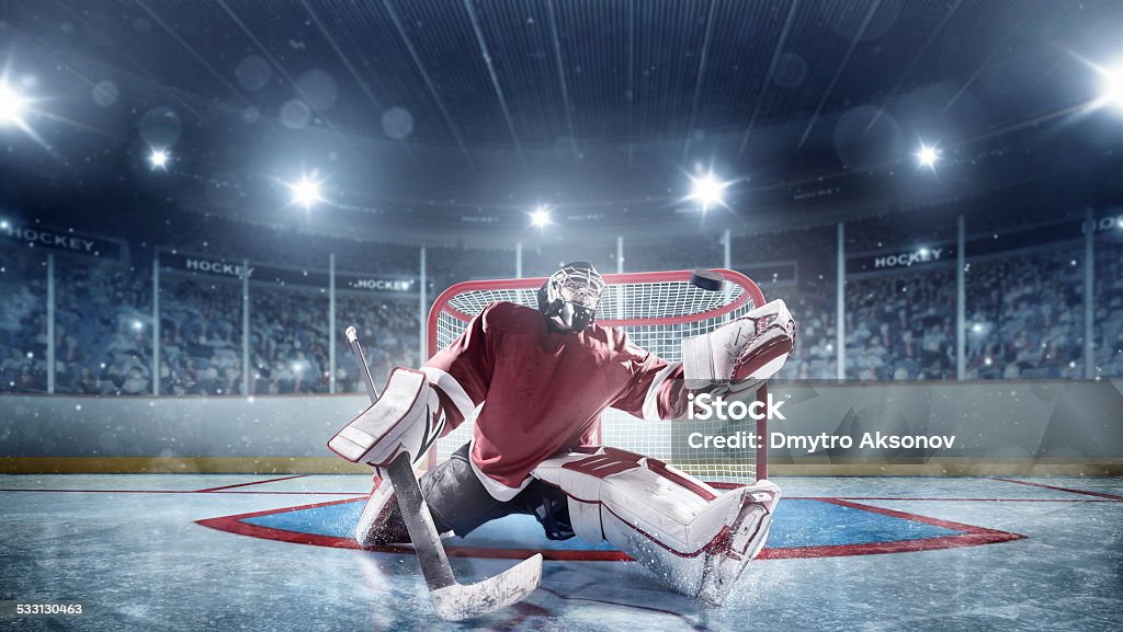 Ice Hockey Goalie View of professional ice hockey player during game in indoor arena full of spectators Hockey Stock Photo