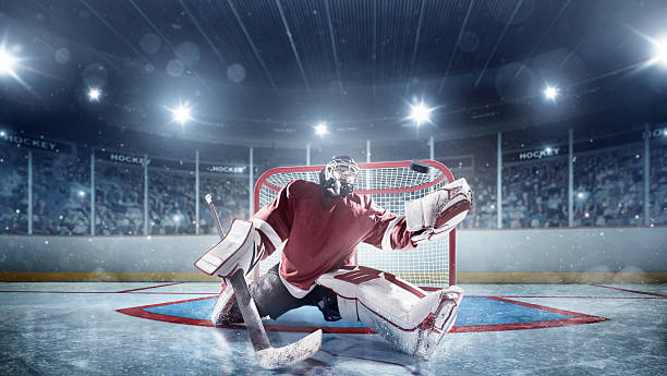 Ice Hockey Goalie View of professional ice hockey player during game in indoor arena full of spectators hockey stock pictures, royalty-free photos & images
