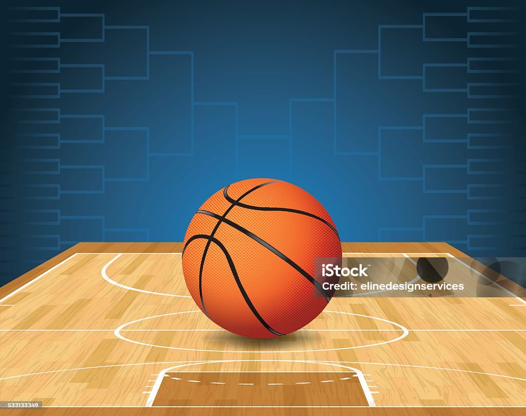 Vector Basketball Court and Ball Tournament Illustration An illustration of a basketball on a court and a tournament bracket in the background. Vector EPS 10. EPS file is layered and contains transparencies. Basketball - Ball stock vector