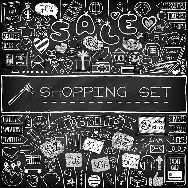 Shopping doodle set. Shopping doodle set. Chalk board effect. Hand drawn icons collection with discount tags, computer, smartphone, gift box, hearts, stars and banners. Online shopping, holiday and season sale concept. homemade gift boxes stock illustrations