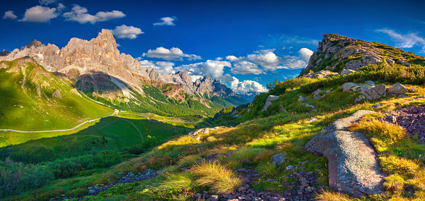 Panoramic views of the Pale di San Martino from Passo Rolle, Trentino - Dolomites, Italy. Cimon della Pala mountain ridge.