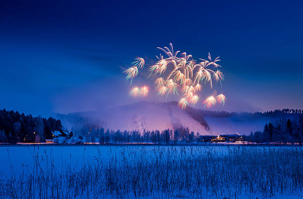 feux d'artifice dans le ciel d'hiver - lake night winter sky photos et images de collection