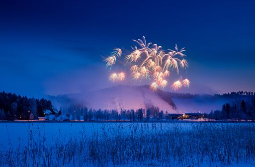 Fireworks during a cold winter day in Finland. Fireworks and ski center in the background, detailed frozen bed of reeds in the front.