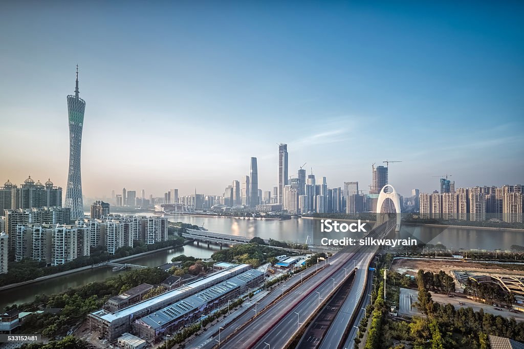 guangzhou skyline at dusk guangzhou skyline at dusk , a bird's eye view of the pearl river panoramic , hdr image Guangzhou Stock Photo