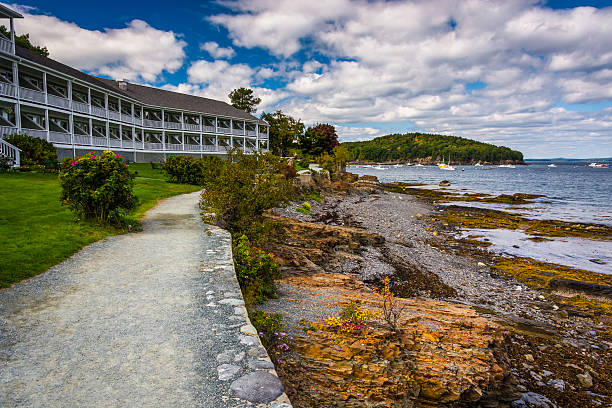 Waterfront path and hotel in Bar Harbor, Maine.