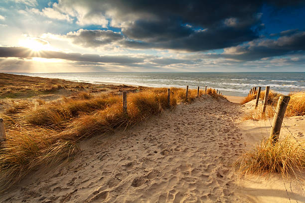 sunset over sand path to North sea, Holland