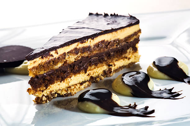 Splendid Opera cake layered with butter cream stock photo