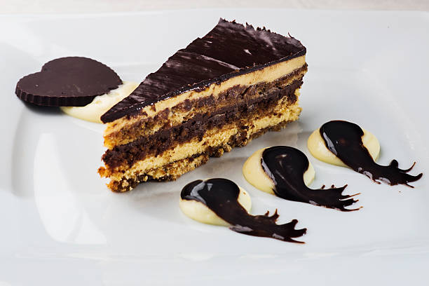 Splendid Opera cake layered with butter cream stock photo