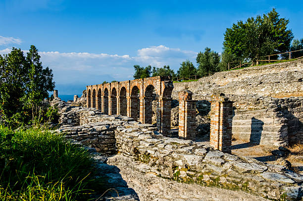 Ruins of Catullus Caves, roman villa in Sirmione, Italy stock photo
