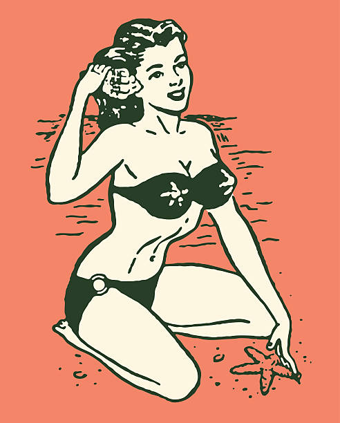 illustrations, cliparts, dessins animés et icônes de femme en bikini à la plage - pin up