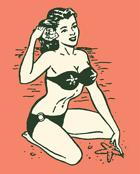 illustrazioni stock, clip art, cartoni animati e icone di tendenza di donna in bikini in spiaggia - pin up