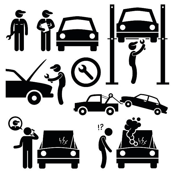 auto repair-workshop mechaniker stick figure pictogram icons - individual event men adult single object stock-grafiken, -clipart, -cartoons und -symbole