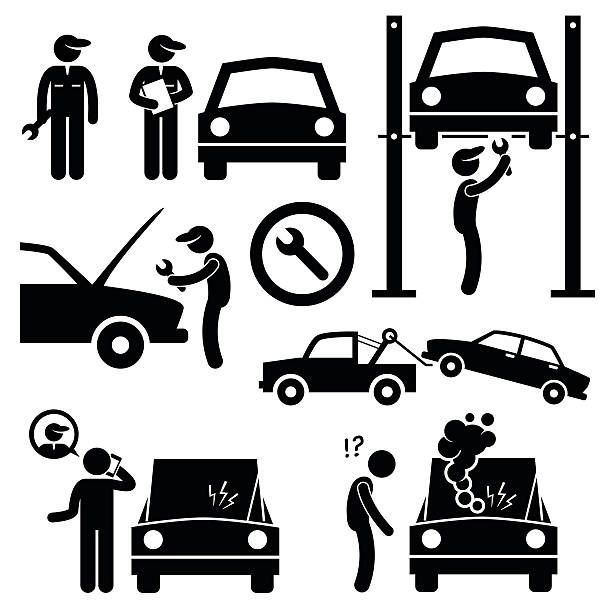 ilustraciones, imágenes clip art, dibujos animados e iconos de stock de servicios de reparación de taller mecánico stick figura pictograma iconos - car motor vehicle towing repairing