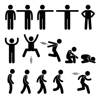 A set of human pictogram representing basic human poses such as standing, pointing, jumping, walking and running.
