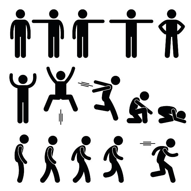 Human Action Poses Postures Stick Figure Pictogram Icons A set of human pictogram representing basic human poses such as standing, pointing, jumping, walking and running. running jogging men human leg stock illustrations