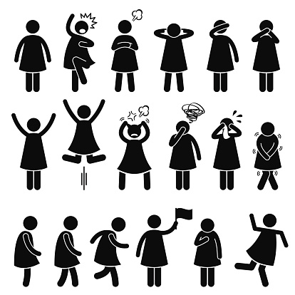 A set of human pictogram representing basic woman poses such as standing, shock, scared, angry, closing ear, eyes, mouth, raising hands, jumping, pulling hair out, facepalm, crying, needing to pee, walking, running, anxious, and unstable.