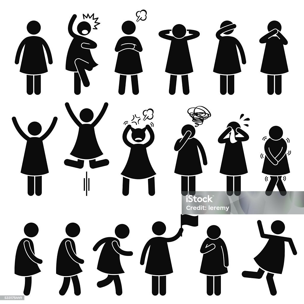 Human Female Girl Woman Action Poses Postures A set of human pictogram representing basic woman poses such as standing, shock, scared, angry, closing ear, eyes, mouth, raising hands, jumping, pulling hair out, facepalm, crying, needing to pee, walking, running, anxious, and unstable. Women stock vector