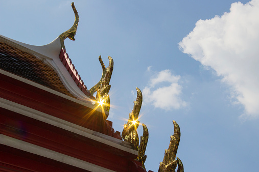 The roof with ornemental roof points shaped like the head of the Garuda and toothlike ridges on the sloping edges of a gable, representing the fin on the back of Naga of Pho Temple, Bangkok, Thailand