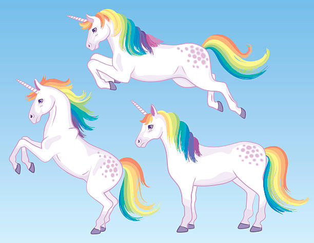 illustrazioni stock, clip art, cartoni animati e icone di tendenza di arcobaleno unicorns - horse running vector animals in the wild