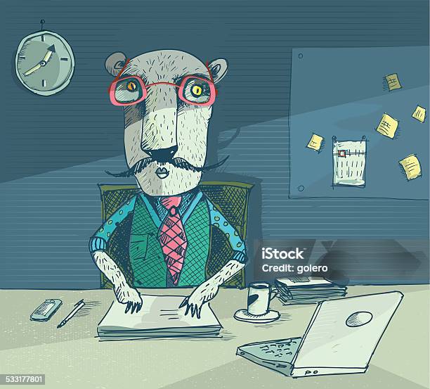 Tiger Works Night Shift At The Office Stock Illustration - Download Image Now - 2015, Adult, Animal